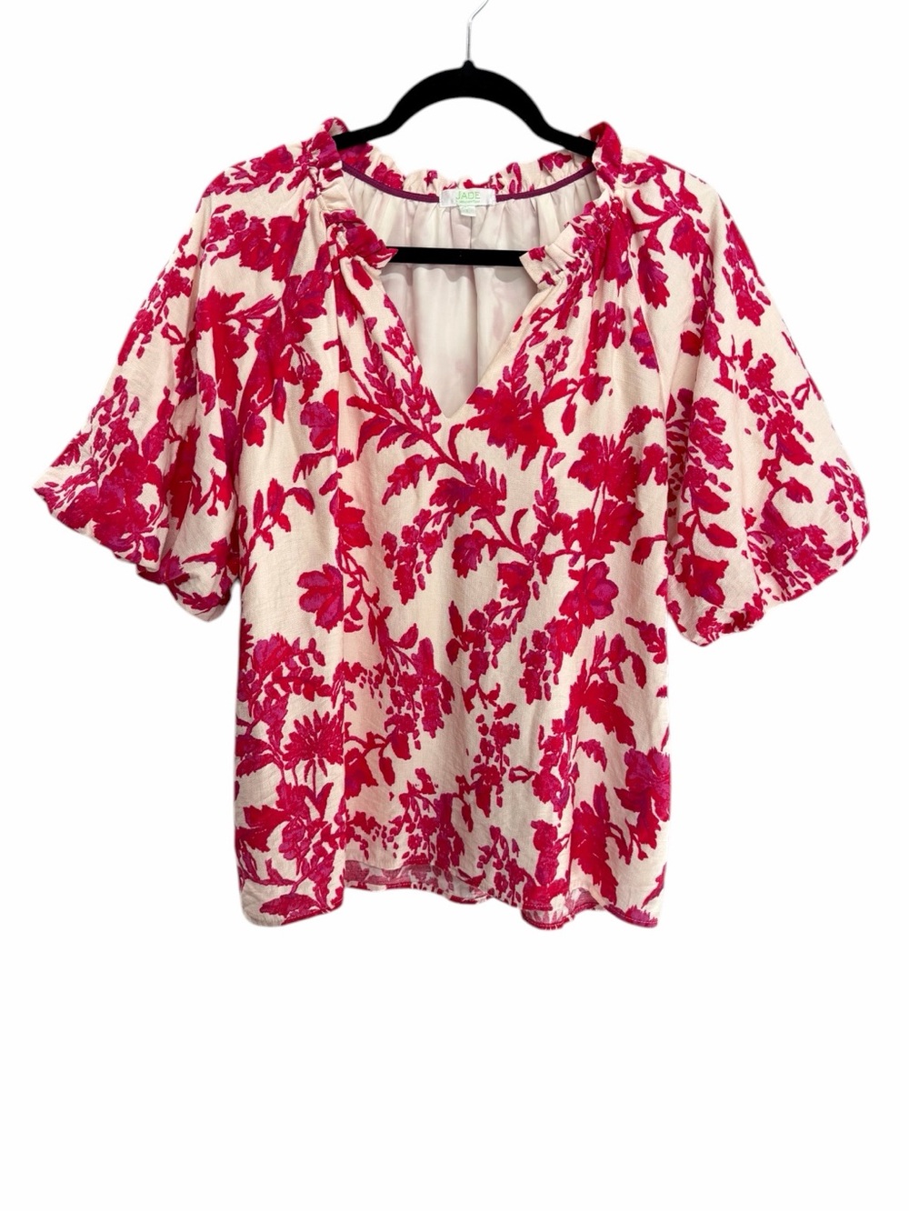 Jade Melody Tam Pink Garden Floral Puff Sleeve Blouse Romantic V-Neck Large